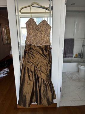 Rose Taft Beaded Bodice and Bronze Satin Skirt Wedding Dress